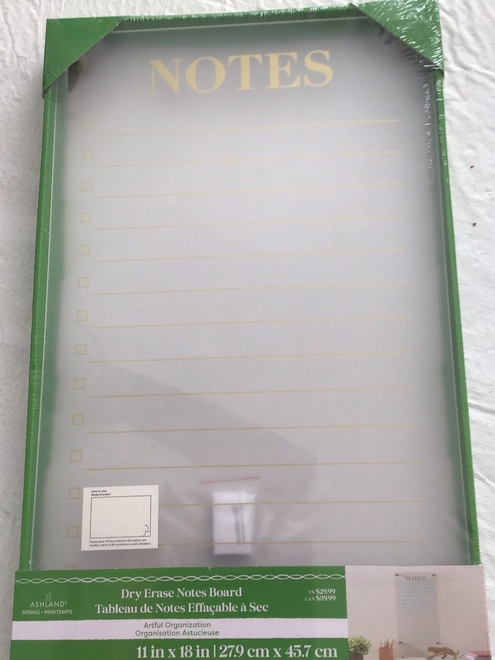 Ashland Green Dry Erase Notes Board with Gold Lettering.  ##